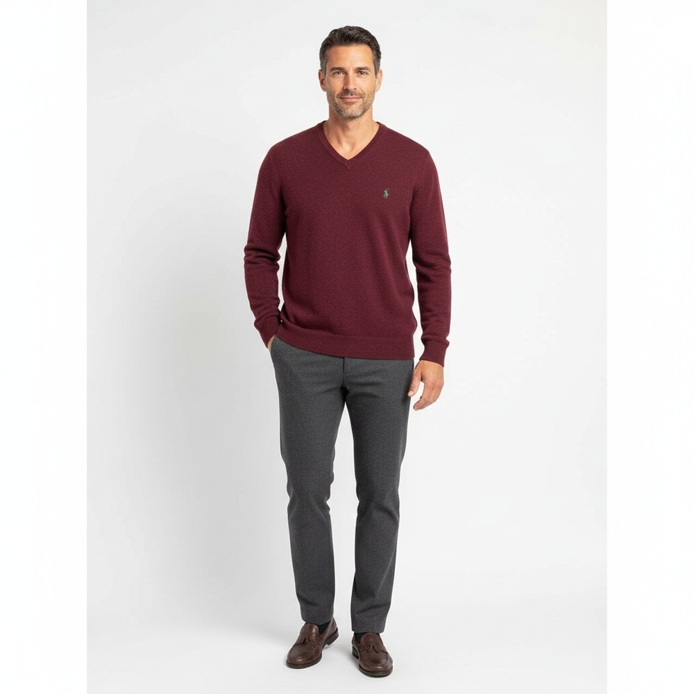 Polo Ralph Lauren 100% Lambswool V-Neck Sweater L Burgundy Wine Italian Yarn